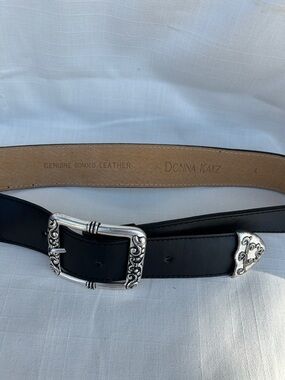 Donna Katz Black Leather Belt with Decorative Silver Buckle